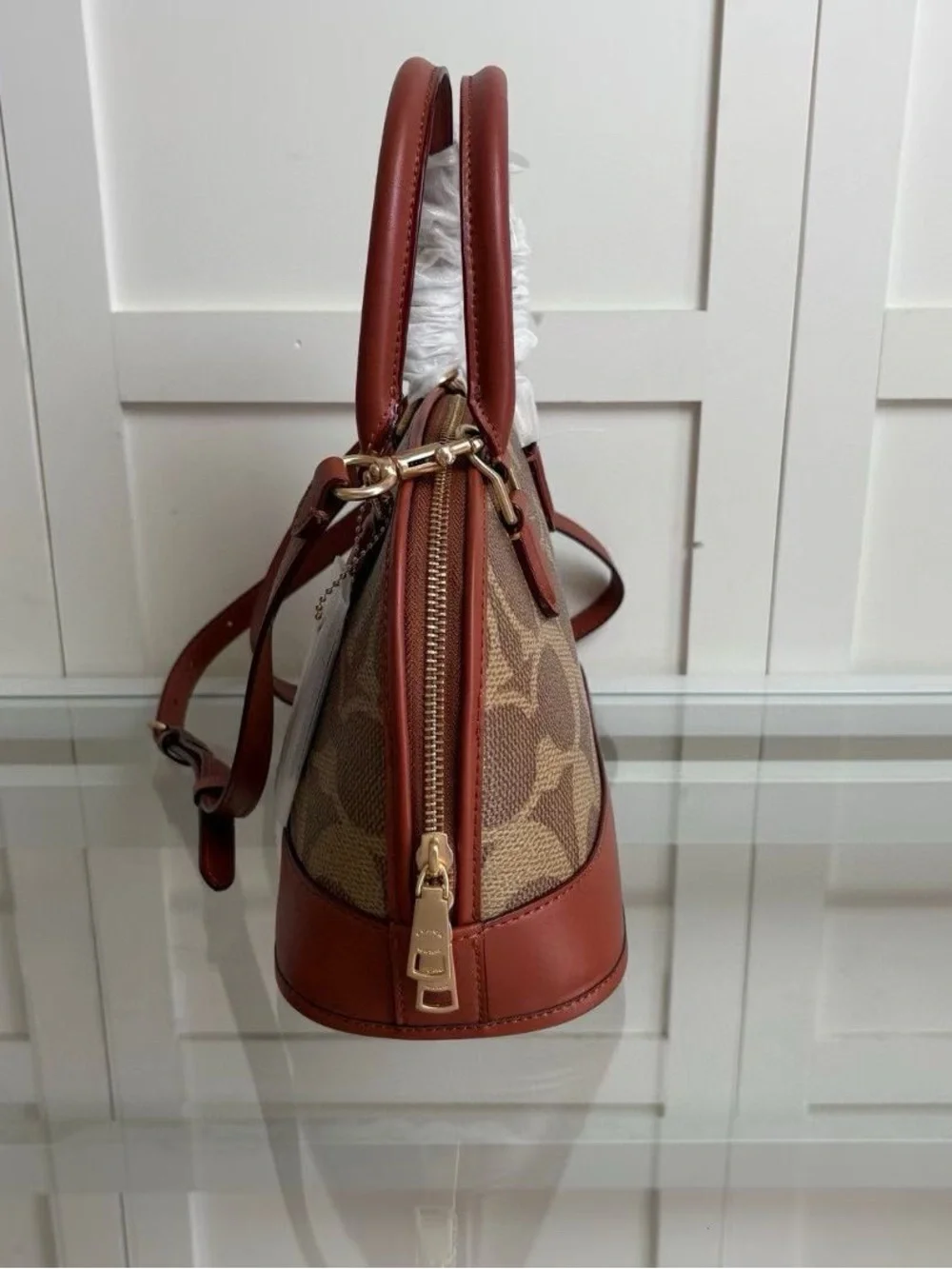 Coach Brown/Tan Signature Dome Satchel with Chestnut Trim
